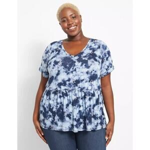 Lane Bryant 14/16 Swing Short-Sleeve V-Neck Babydoll Tee Tie Dye Stars Blue